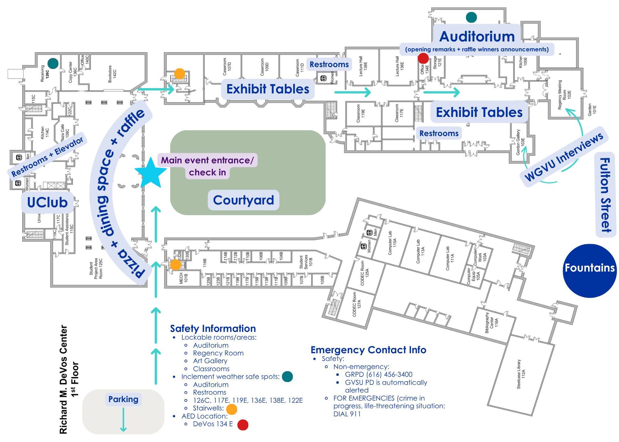 Map overview of the Richard M. DeVos Center; the atrium plaza is labeled with sections for pizza, the raffle, check-in; hallways are labeled to where there will be exhibit tables.Emergency exits, bathrooms, and tornado shelters are labeled.